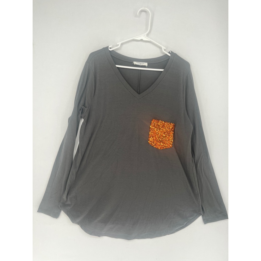 Zenana Womens XL Long Sleeve V-Neck Top Gray Orange Sequin Pocket RT-2259AB